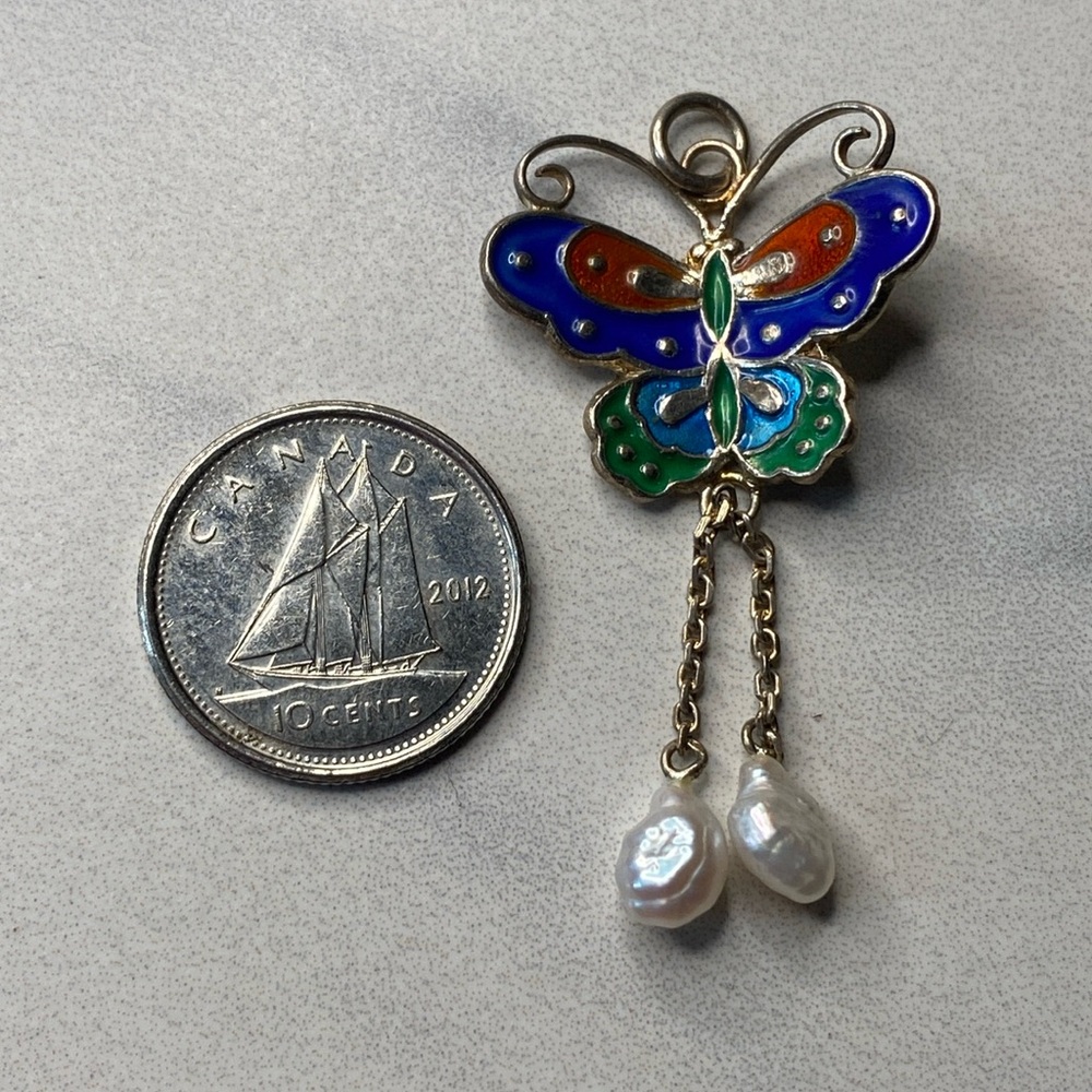 Silver‎ enamel butterfly pearl dangle pendant 925